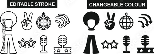 Retro Disco Icon Set, Funk Icon Set, Disco Icons , Funky Fashion Symbol , Versions of Afro, Peace Sign, Disco Ball, Microphones, Bell-Bottoms, and Stars for Party Graphics