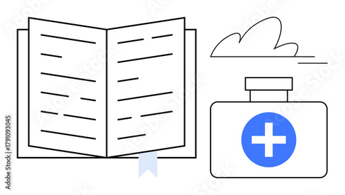 Open book with bookmark alongside first aid kit displaying a medical cross, symbolizing health awareness and learning. Ideal for education, healthcare, safety, emergency planning, self-improvement