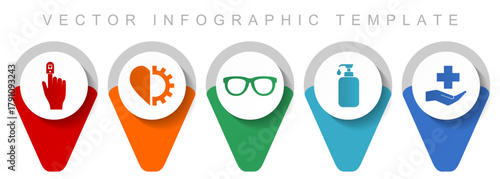 Flat vector infographic template with medical and healthcare icons — oximeter, heart, glasses, sanitizer, and hospital symbol design for hygiene, wellness, and clinical care concepts.