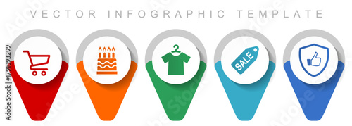 Flat vector infographic template with shopping and retail icons — shopping cart, birthday cake, clothes, sale tag, and approval shield design for business, commerce, and store marketing concepts.