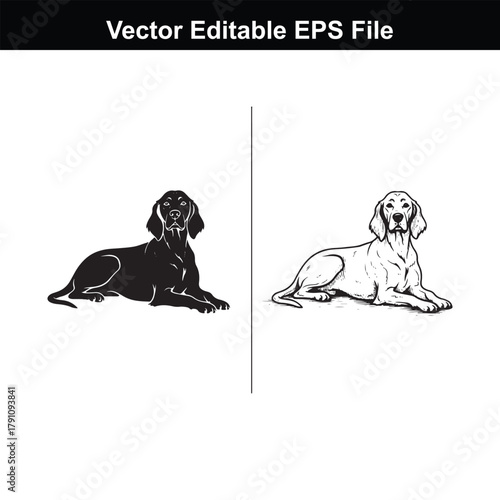 Two dogs, one black silhouette and one line art, lying down on a, vector editable eps file