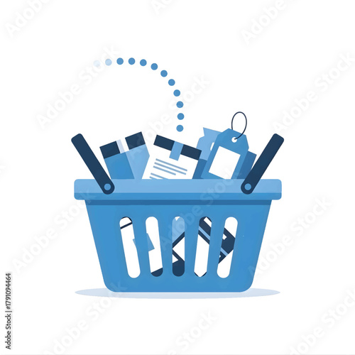 Illustrative image of a shopping cart overflowing with boxes and tags, symbolizing online purchases and e-commerce