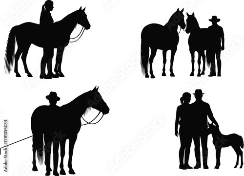 Silhouette of people with horses and foal, farm animal relationship vector illustration, equestrian training and rural lifestyle concept design