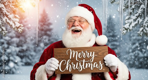 Santa Claus, radiating joy and festivity, extends warm Christmas greetings. Santa Claus, embodying the spirit of Christmas, holds a festive sign amidst a snowy backdrop. 