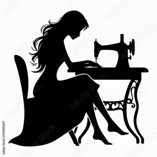 Black and white illustration of a female seamstress who sews with a sewing machine on a white insulated background. Vector graphics. EPS.