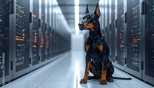 Doberman dog sitting in a server room surrounded by blinking lights, representing cybersecurity, data protection and guardian of digital infrastructure