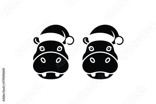 Two festive hippos wearing Santa hats with Christmas spirit