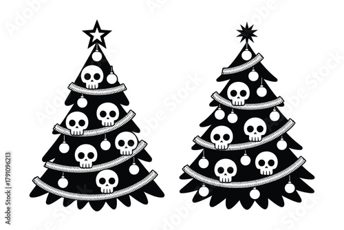 Two stylized black Christmas trees decorated with skulls and ornaments against a white background.