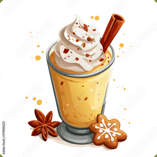 Vector illustration of festive glass of eggnog with whipped cream, cinnamon stick and gingerbread cookies isolated on a white background. Vector illustration of winter beverage on white background