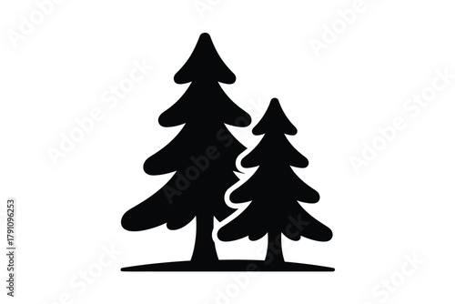 A pair of stylized evergreen trees are silhouetted against a white background.