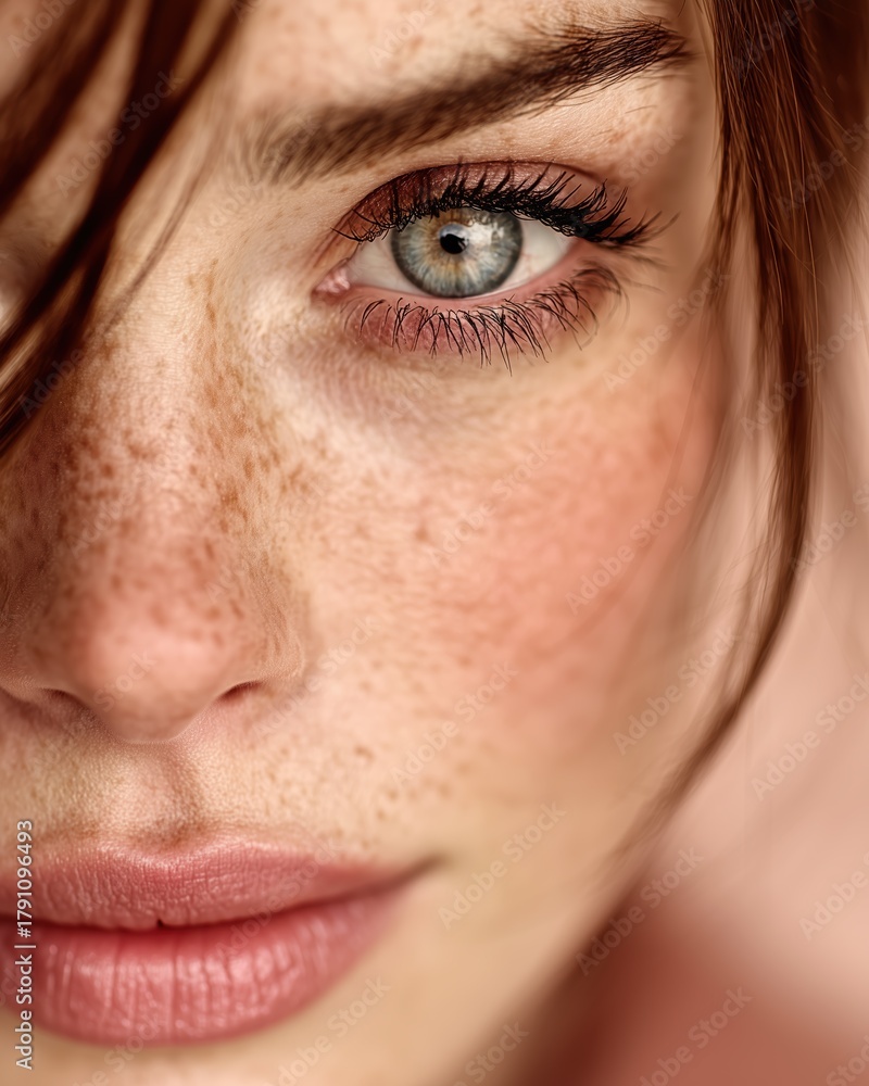 Fototapeta premium Close-up inviting freckled face with blue-green eyes and soft makeup for beauty marketing.