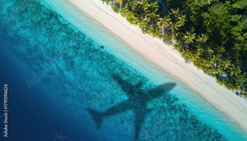 Fototapeta Naklejka Na Ścianę i Meble -  Aerial view of tropical coastline with airplane shadow over turquoise ocean and palm lined beach representing concept of global travel and tourism