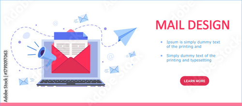 Newsletter subscription. Banner website online marketing and business. Sent email. paper airplane and latter. Vector illustration on white background.