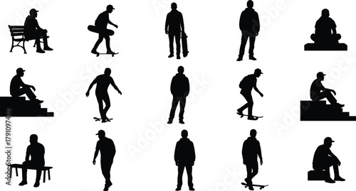 Silhouette of young men skateboarding, sitting and walking outdoors, urban lifestyle concept, street culture and active youth vector illustration