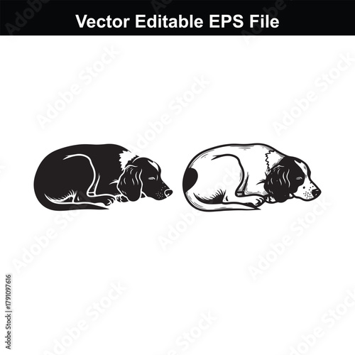 Two sleeping dogs, one in silhouette and the other in sketch style, both isolated on a, vector illustration