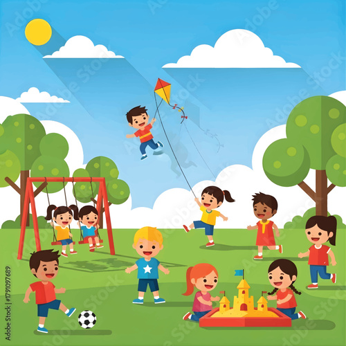 Children playing happily outdoors in a park on a sunny day with a kite, swings, a soccer ball, and a sandcastle