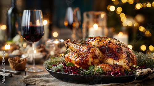 Festive Christmas dinner table with roasted turkey and red wine 