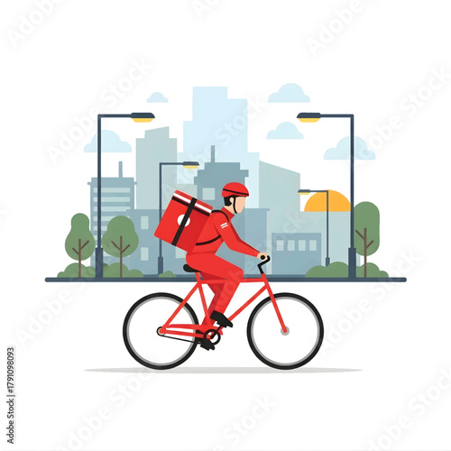 Delivery man riding bicycle with a red backpack in the city, urban transport, food delivery service concept