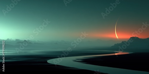 Dramatic twilight river landscape with glowing horizon and misty neon sky for premium adventure branding.

