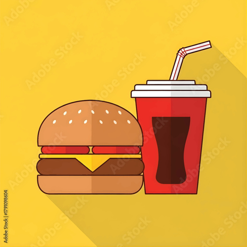 Delicious burger and fizzy drink with straw, fast food combo illustration
