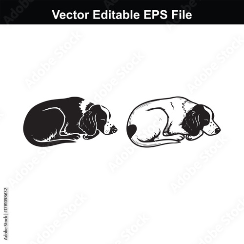Two sleeping dogs, one in silhouette and the other in sketch style, both isolated on a, vector illustration