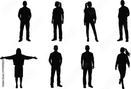 Silhouette people standing, walking, posing in various positions, modern human figures collection, vector illustration, isolated on white background, professional design element