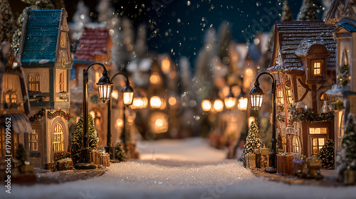 Fototapeta Naklejka Na Ścianę i Meble -  Snowy Christmas village street lined with lanterns and small decorated houses 