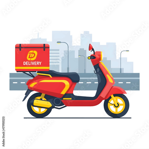 Red delivery scooter with a cargo box for fast food or package shipping on a city street. Urban express courier service vector illustration