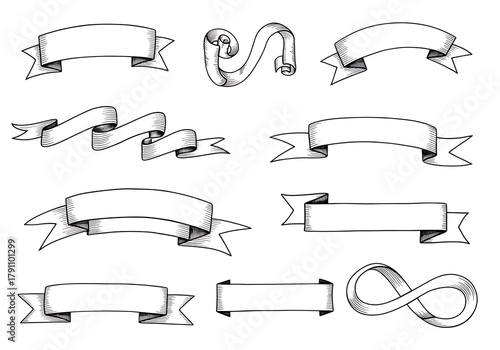 Collection of hand drawn ribbons and banners isolated on transparent background