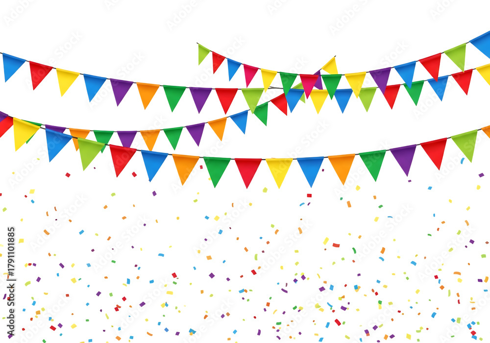 Fototapeta premium Colorful bunting flags and confetti isolated on transparent background