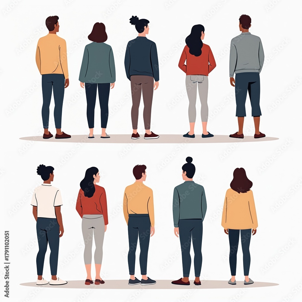 Obraz premium Group of diverse people stand together viewed from back. Casual fashion shows males and females in various poses and outfits. Diverse crowd gathered, facing away.