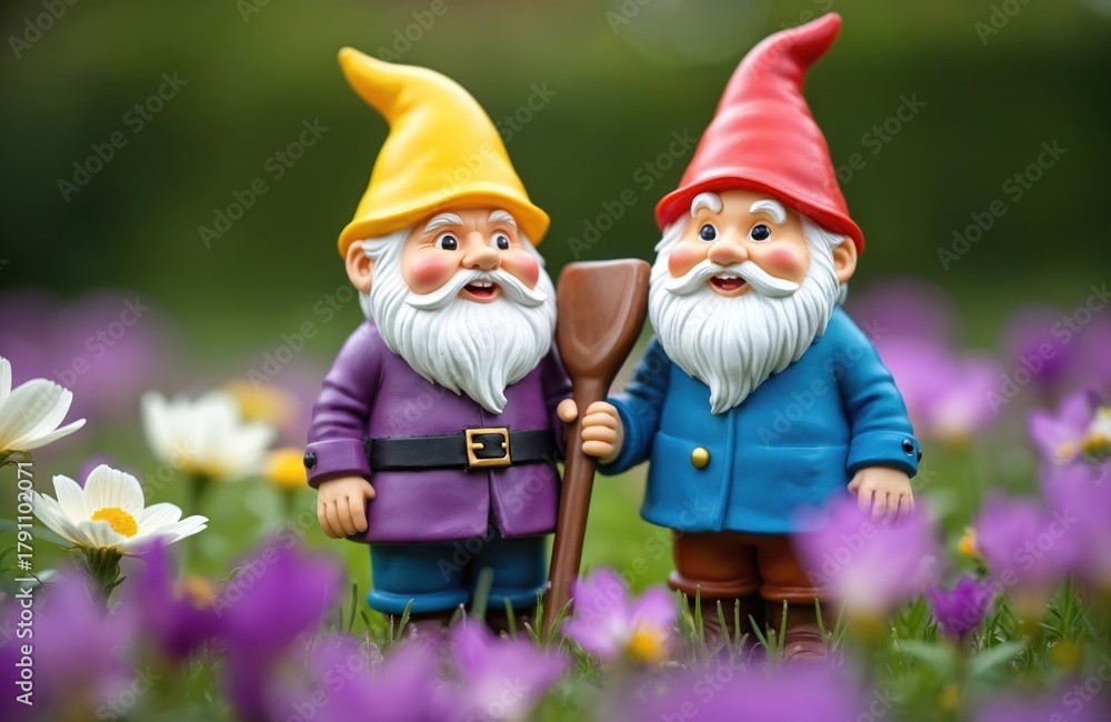 Obraz premium Two cute garden gnomes stand together in green grass. One wears yellow hat, purple coat, red hat, blue coat with shovel. Smile among colorful blooming flowers, adding fun to yard decor for everyone.
