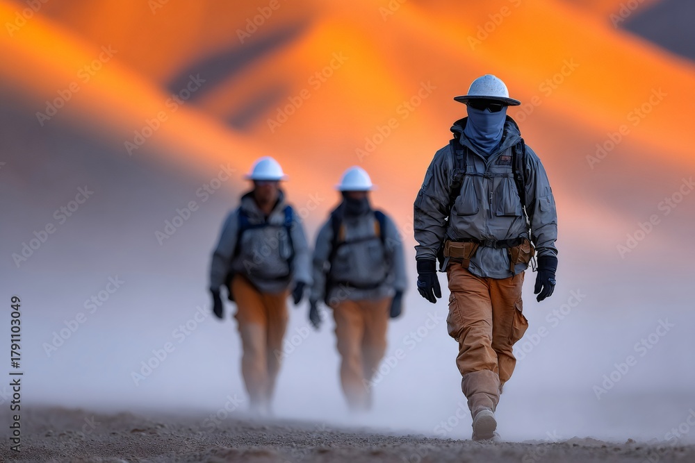 Naklejka premium Expedition team walking through desert dust at sunset