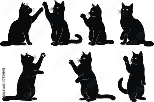 Black cat silhouette set in playful poses, vector illustration for pet design, animal art, decoration, and feline lovers