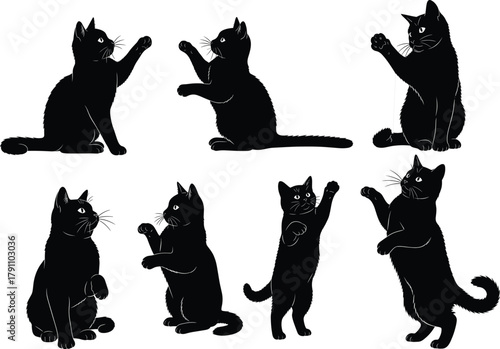 Black cat silhouettes in playful poses, standing, sitting, and reaching up, adorable pet vector illustration for design and decoration
