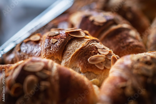 Almond buns that have just come out of the oven. Focus on the middle of the frame.