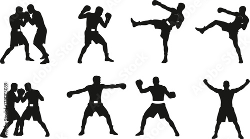 Boxing and kickboxing fighter silhouettes in action poses, punching, kicking, sparring, and celebrating victory, sports vector illustration design