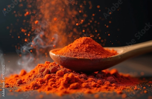 Fototapeta Naklejka Na Ścianę i Meble -  Bright red spice powder fills wooden spoon, scattered around dark surface. Orange chili paprika dust falls in air with wisps of smoke. Food seasoning ingredient for cooking adds hot flavor, great