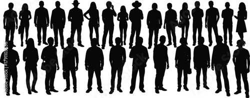 Silhouette of diverse people standing together, crowd group illustration, modern community diversity concept, black and white vector design