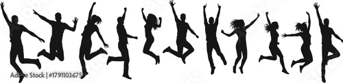Silhouette of happy people jumping with joy, freedom and celebration concept, group of friends in motion vector illustration