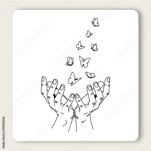 Hands releasing butterflies into freedom symbolizing hope and transformation with simple line
