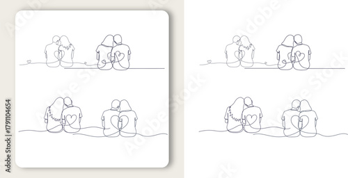 A loving couple embraced hearts intertwined in minimalist line art sharing a peaceful moment
