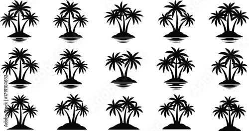 Tropical palm tree island silhouettes, black vector icons set, summer beach nature illustration, isolated design elements, vacation paradise concept background