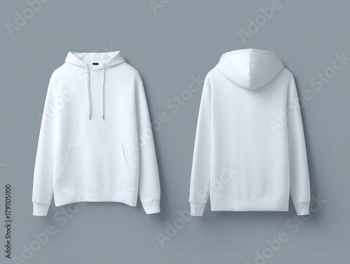 White hoodie presented front and rear on a gray setting, great for custom artwork and trendy fashion promotions with a minimalist touch.