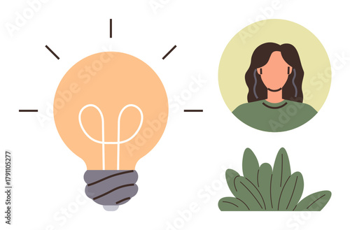 Light bulb conveys innovation, woman represents individuality, and leaves depict nature. Ideal for creativity, sustainability, personal growth, eco-awareness, innovation, education and uniqueness as