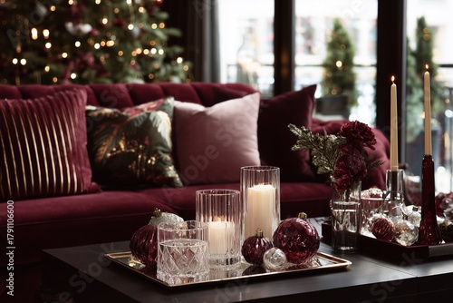 Luxurious festive living room adorned with elegant candles and rich decorations