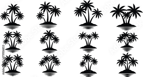 Tropical palm tree island silhouettes, exotic beach paradise vector icons set, black summer landscape illustration, isolated nature design elements collection