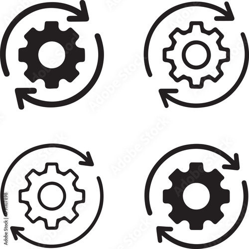 Isolated Software Update black vector icon set, software update icons, arrow refresh gear system, solid black outline filled minimal thin stroke, application upgrade technology