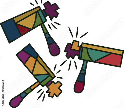 Set of colorful purim Graggers (Noisemakers), vector illustration on transparent background
