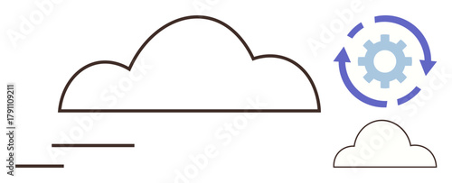 Abstract outlined cloud, micro-cloud, and circular gear with arrows suggest uploading, updating, system management. Ideal for technology, innovation, storage, synchronization automation software